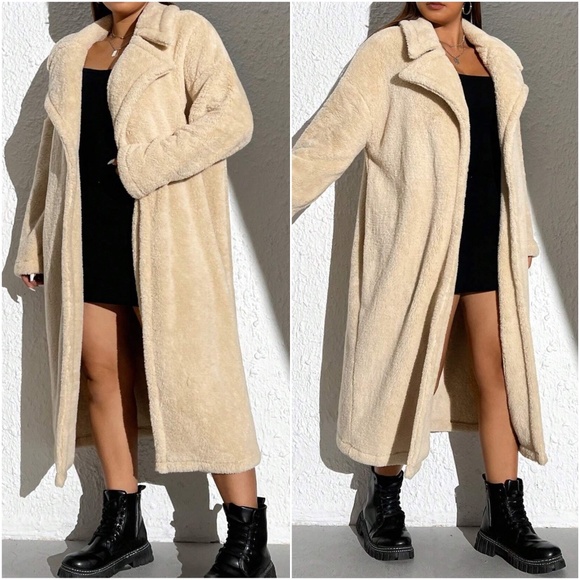 Plus Open Front Teddy Oversized collared Jacket Coat - Picture 3 of 3